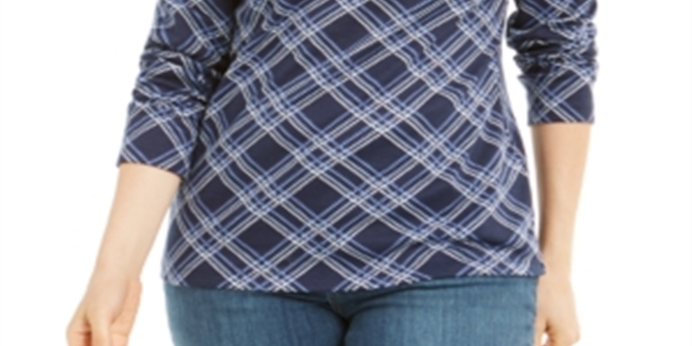 Karen Scott Blusa Feminina Gola Alta Estampada Xadrez Azul Tamanho Médio