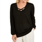 Blusa feminina JM Collection com gola em lurex e decote em treliça, preta, tamanho pequeno