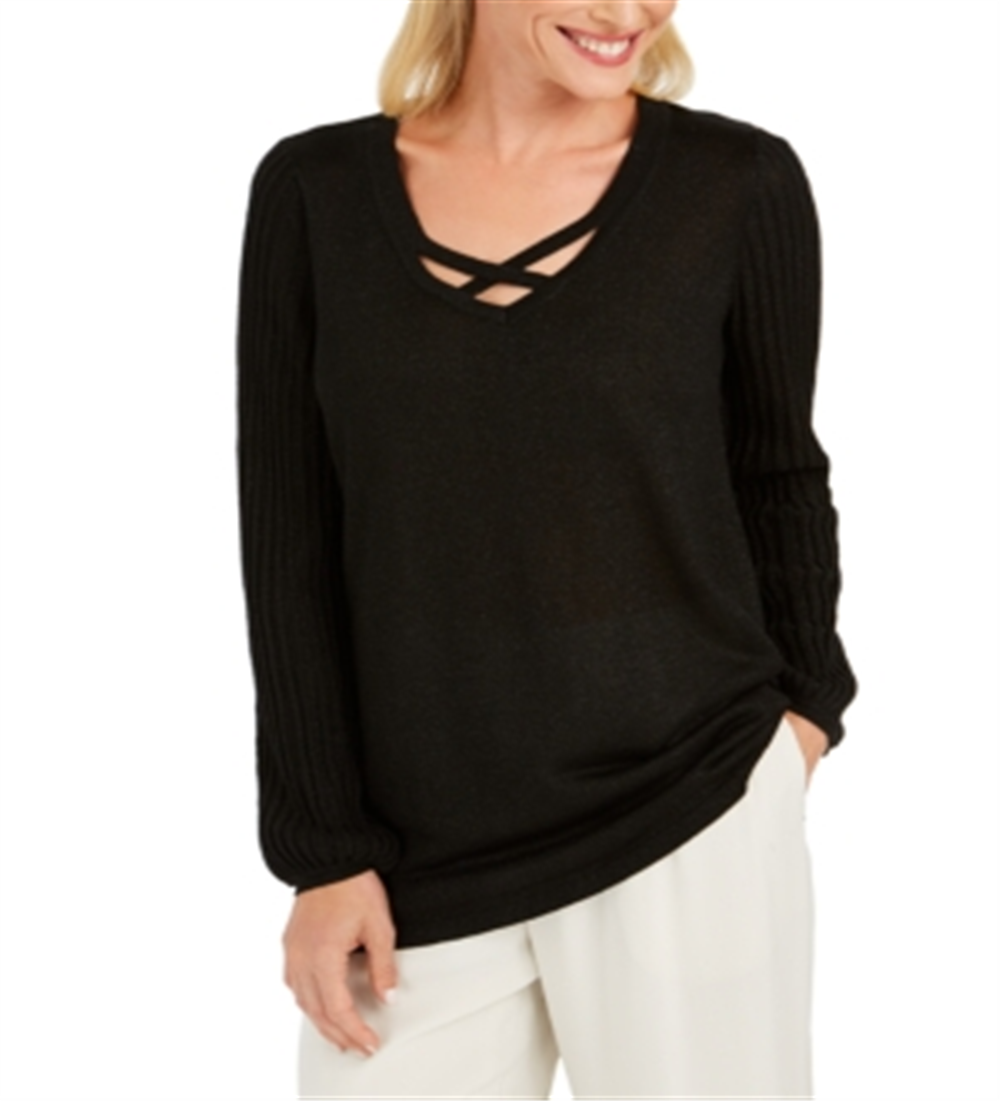 Blusa feminina JM Collection com gola em lurex e decote em treliça, preta, tamanho pequeno