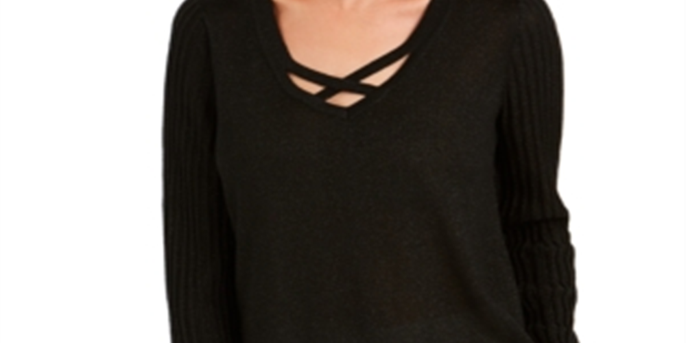 Blusa feminina JM Collection com gola em lurex e decote em treliça, preta, tamanho pequeno