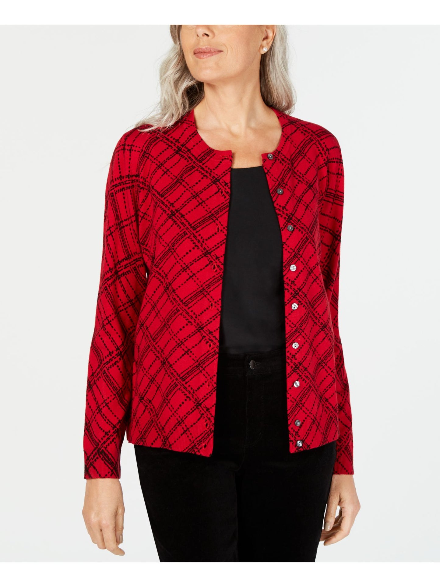Karen Scott Suéter feminino estampado de manga comprida com botões, vermelho, tamanho pequeno