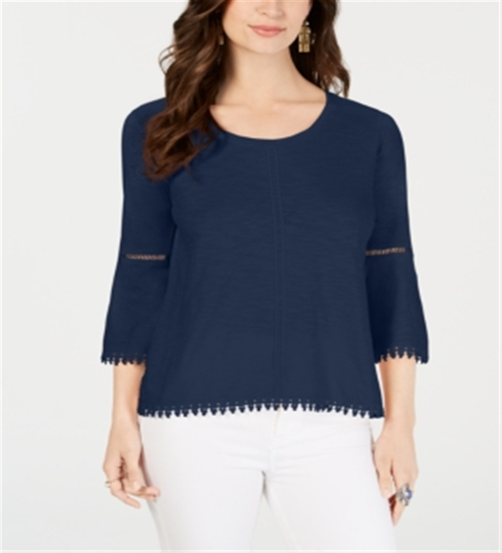 Blusa feminina estilo &amp; co com manga sino e acabamento em crochê, azul, tamanho médio