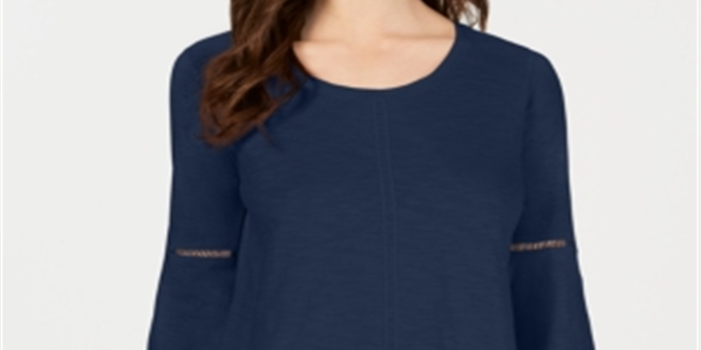 Blusa feminina estilo &amp; co com manga sino e acabamento em crochê, azul, tamanho médio