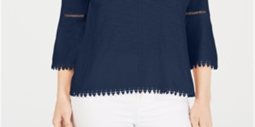 Blusa feminina estilo &amp; co com manga sino e acabamento em crochê, azul, tamanho médio