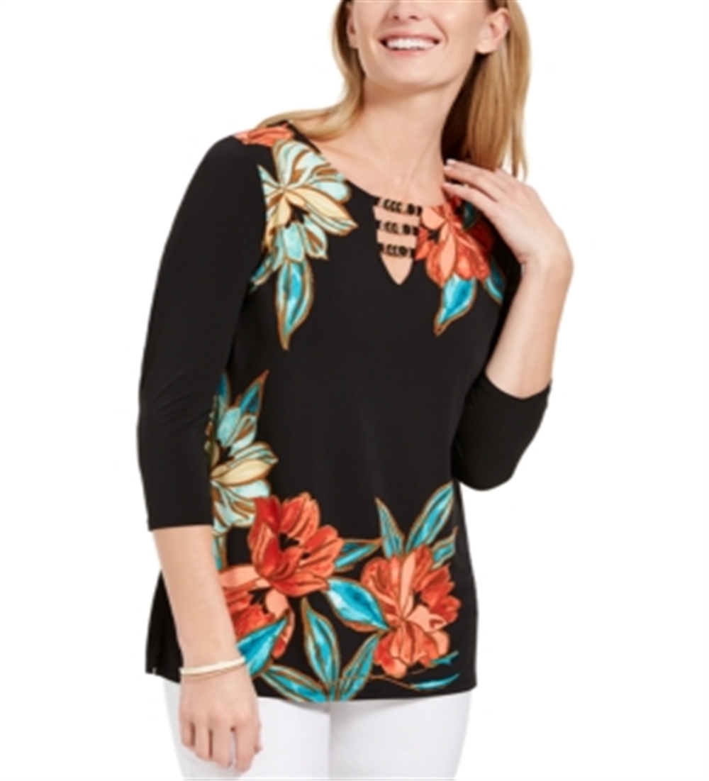 Túnica feminina com estampa floral e decote em V, tamanho grande, vermelha, da coleção JM