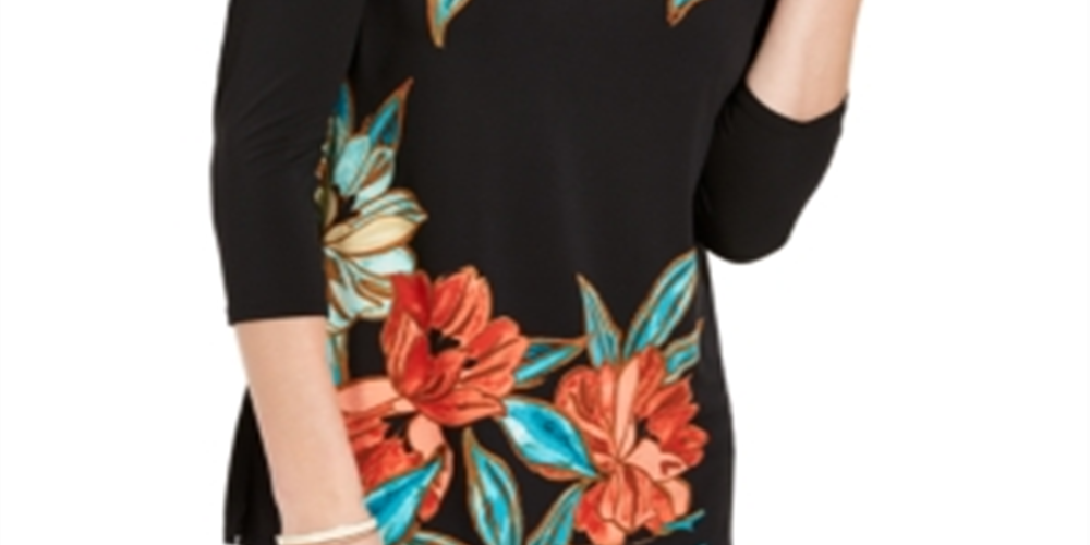 Túnica feminina com estampa floral e decote em V, tamanho grande, vermelha, da coleção JM