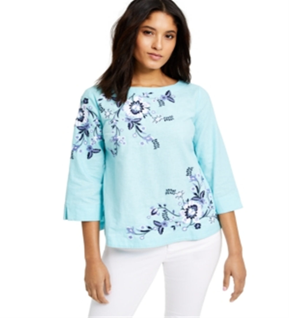 Blusa feminina Charter Club com bordado floral em mistura de linho, azul, tamanho pequeno médio
