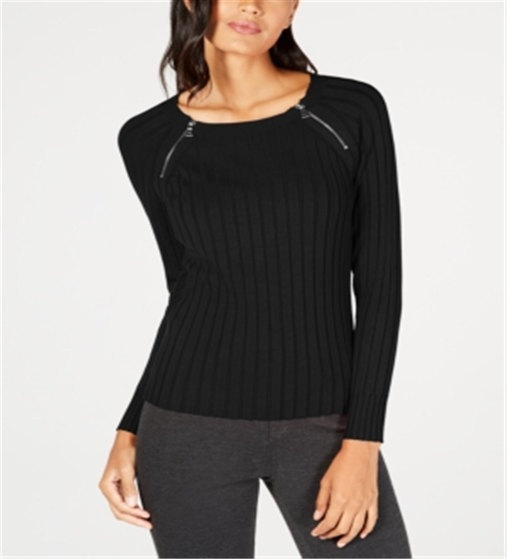 Suéter feminino canelado com zíper e detalhe da INC International Concepts, preto, tamanho pequeno GG