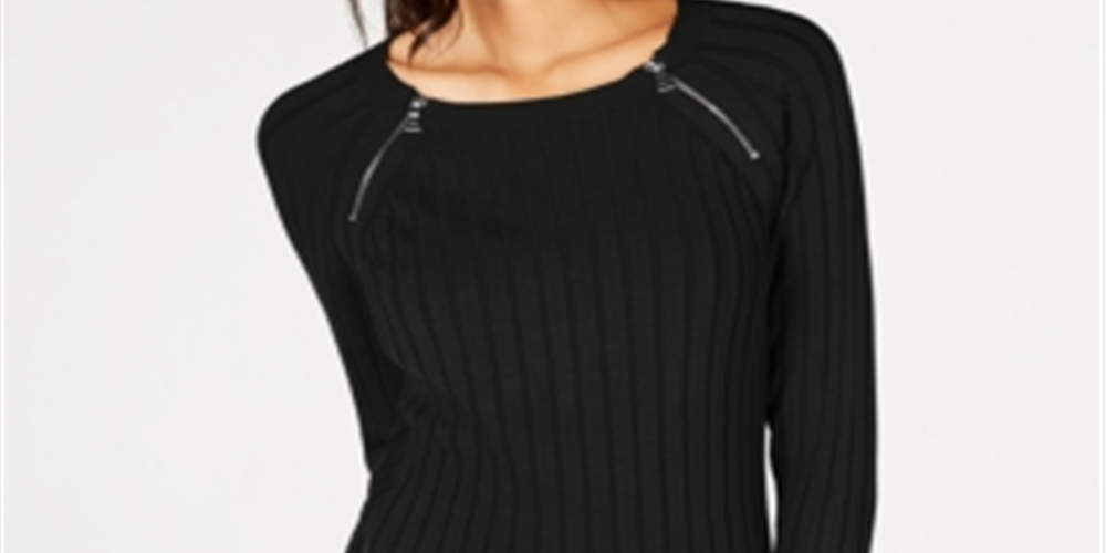Suéter feminino canelado com zíper e detalhe da INC International Concepts, preto, tamanho pequeno GG