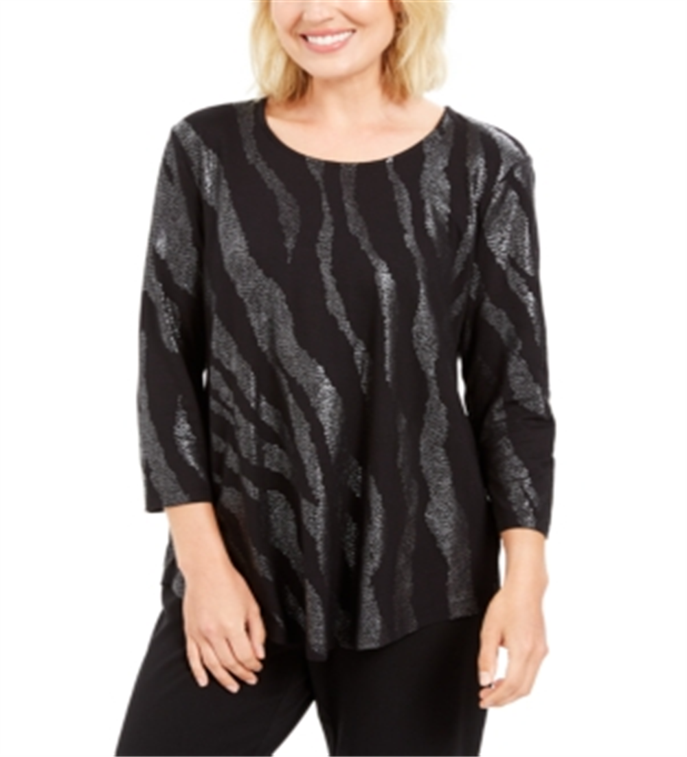 Top estampado feminino JM Collection com decote redondo, preto, tamanho X-S