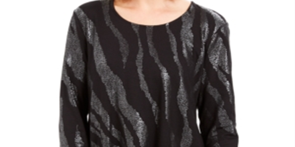 Top estampado feminino JM Collection com decote redondo, preto, tamanho X-S
