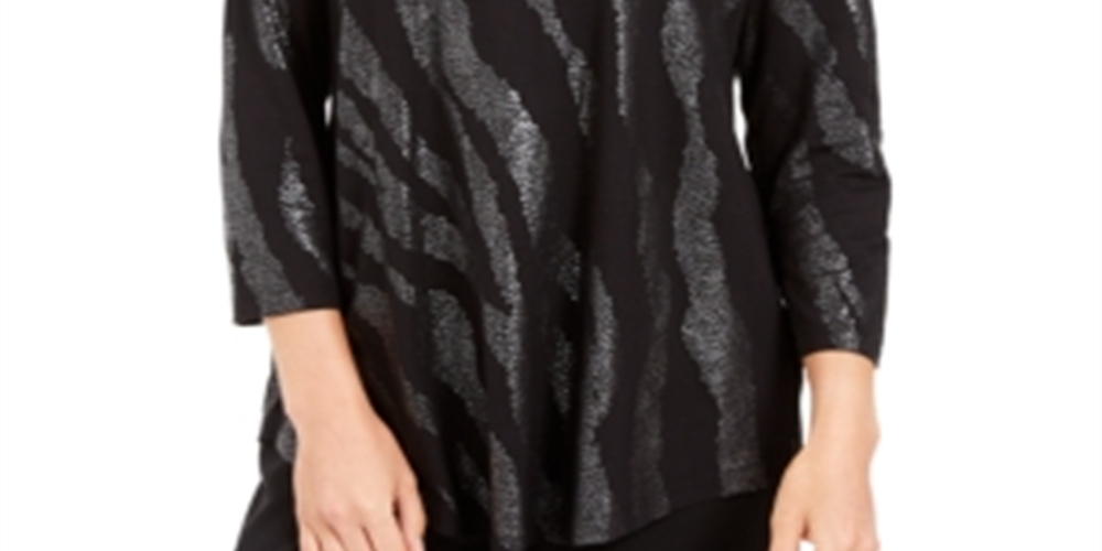 Top estampado feminino JM Collection com decote redondo, preto, tamanho X-S