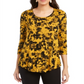 Top estampado com decote redondo feminino JM Collection, amarelo, tamanho grande