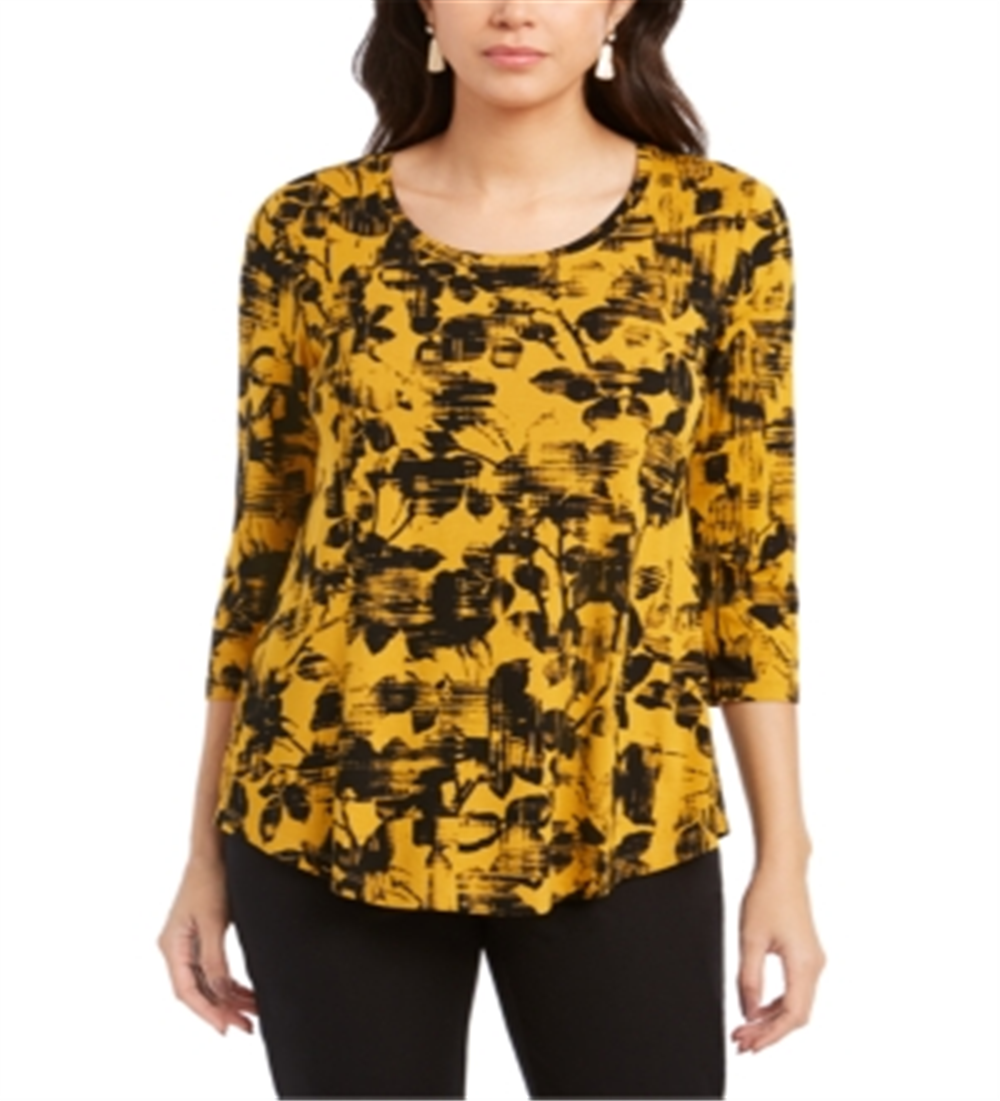 Top estampado com decote redondo feminino JM Collection, amarelo, tamanho grande