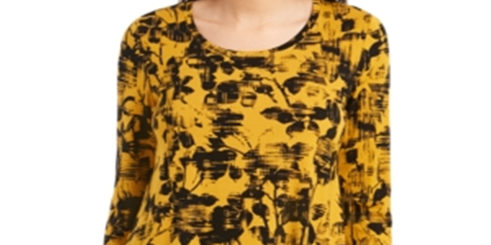 Top estampado com decote redondo feminino JM Collection, amarelo, tamanho grande