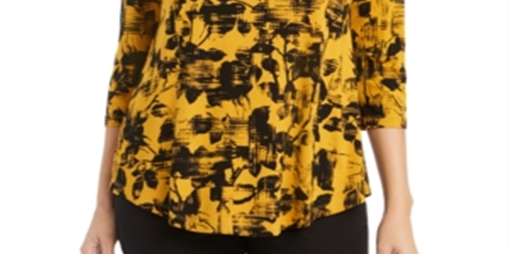 Top estampado com decote redondo feminino JM Collection, amarelo, tamanho grande