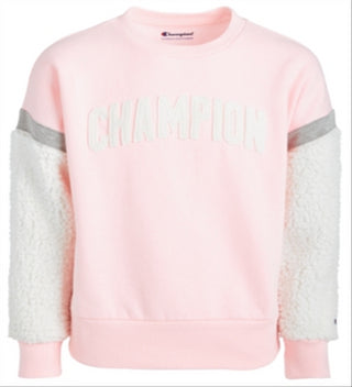 Moletom com estampa de logotipo Champion para meninas com acabamento em lã sintética Sherpa, rosa, tamanho 6