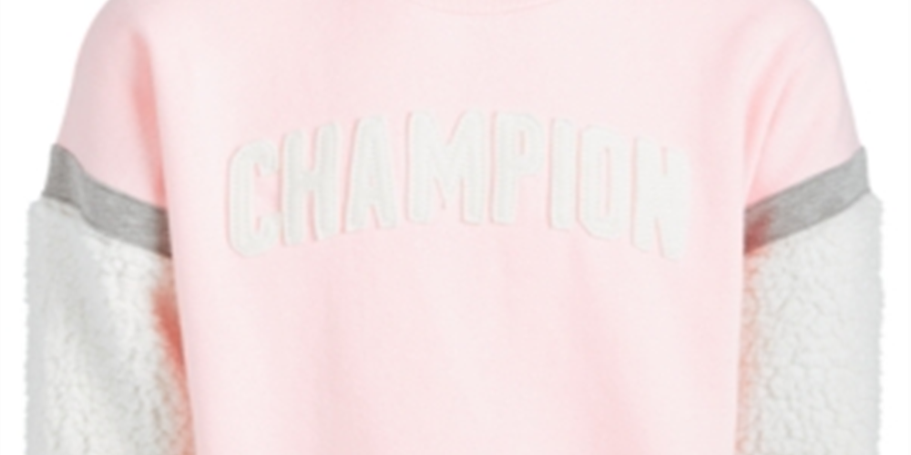 Moletom com estampa de logotipo Champion para meninas com acabamento em lã sintética Sherpa, rosa, tamanho 6