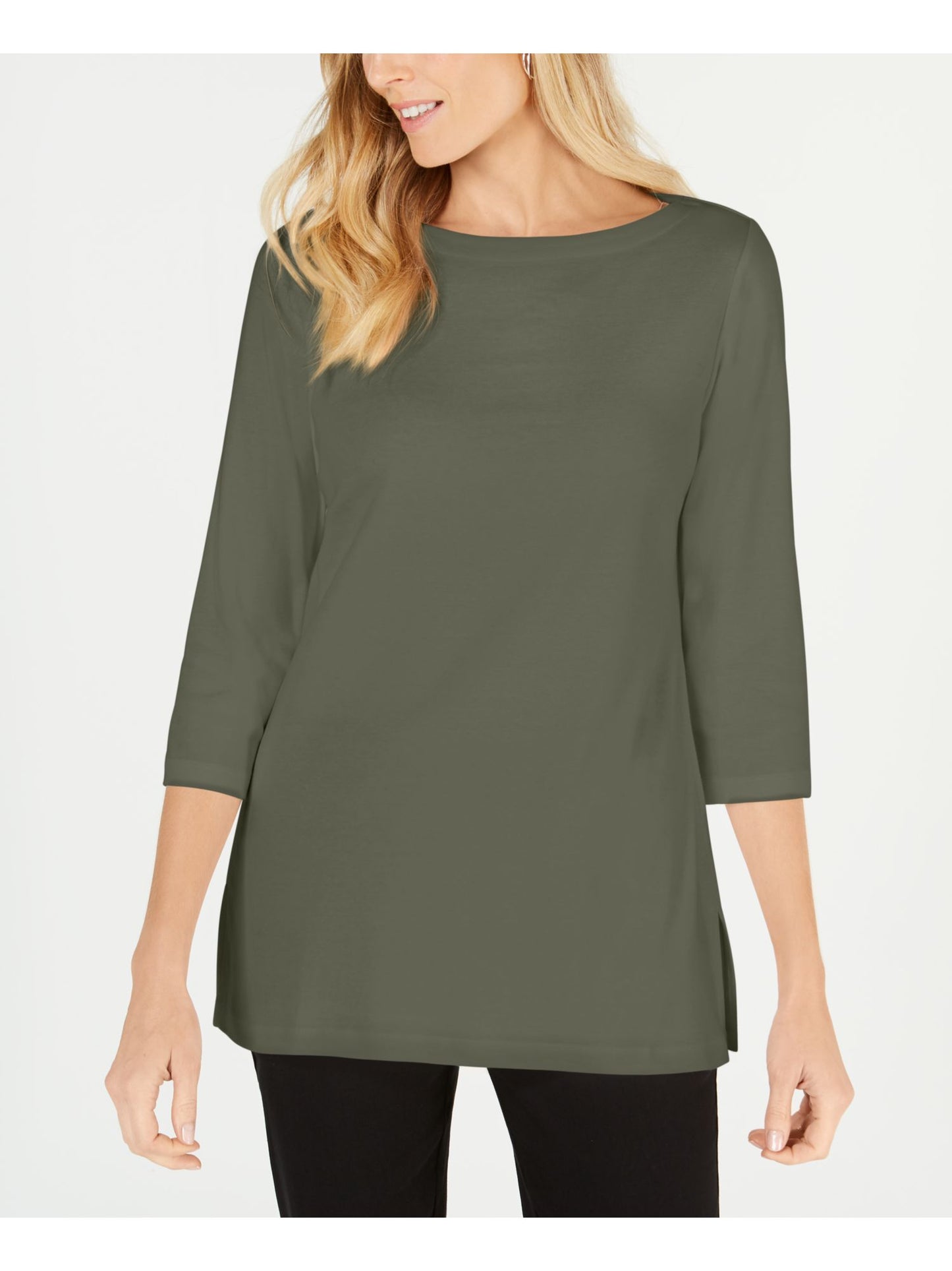 Karen Scott Blusa de malha feminina de algodão com decote canoa e manga 3/4, verde, tamanho pequeno