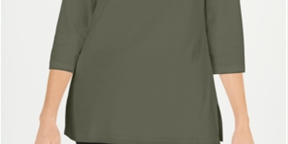 Karen Scott Blusa de malha feminina de algodão com decote canoa e manga 3/4, verde, tamanho pequeno