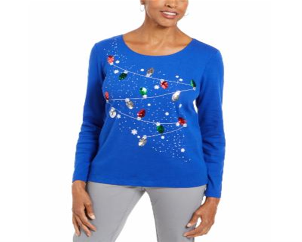 Blusa de algodão com detalhes Karen Scott feminina, azul, tamanho pequeno