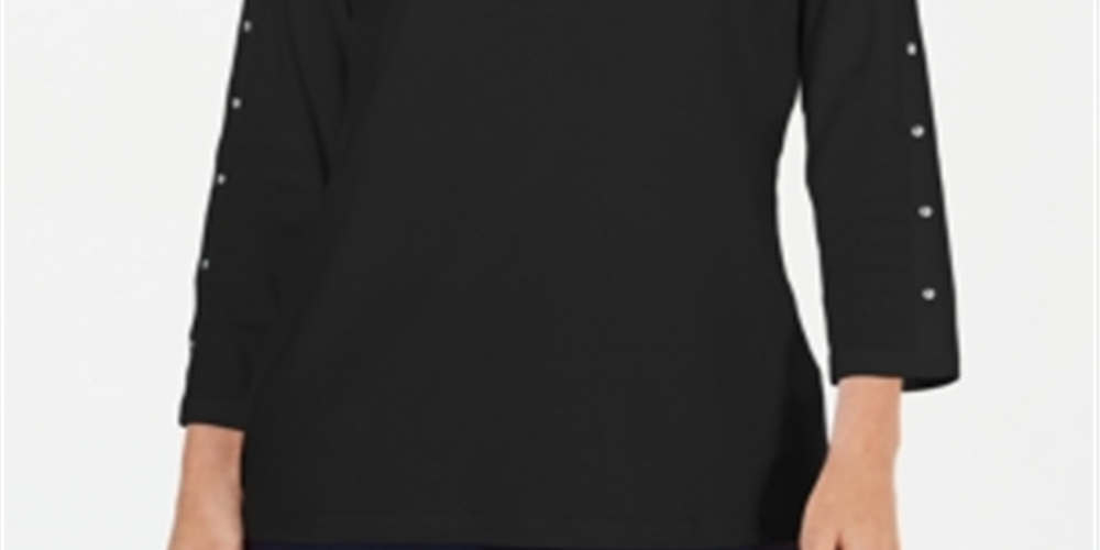 Karen Scott Blusa de algodão com decote canoa e tachas feminina, preta, tamanho pequeno médio