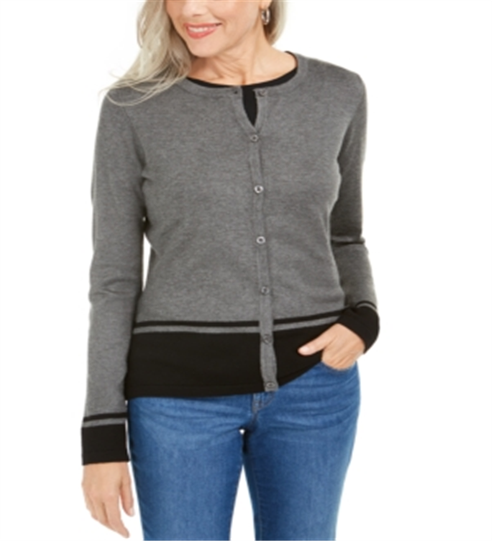 Karen Scott Cardigan Feminino com Barra Colorblock, Cinza Escuro, Tamanho Pequeno P