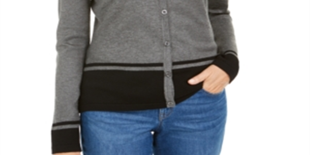 Karen Scott Cardigan Feminino com Barra Colorblock, Cinza Escuro, Tamanho Pequeno P