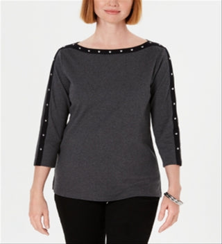 Karen Scott Blusa feminina de algodão com tachas e gola canoa, tamanho azul-marinho, pequena, média