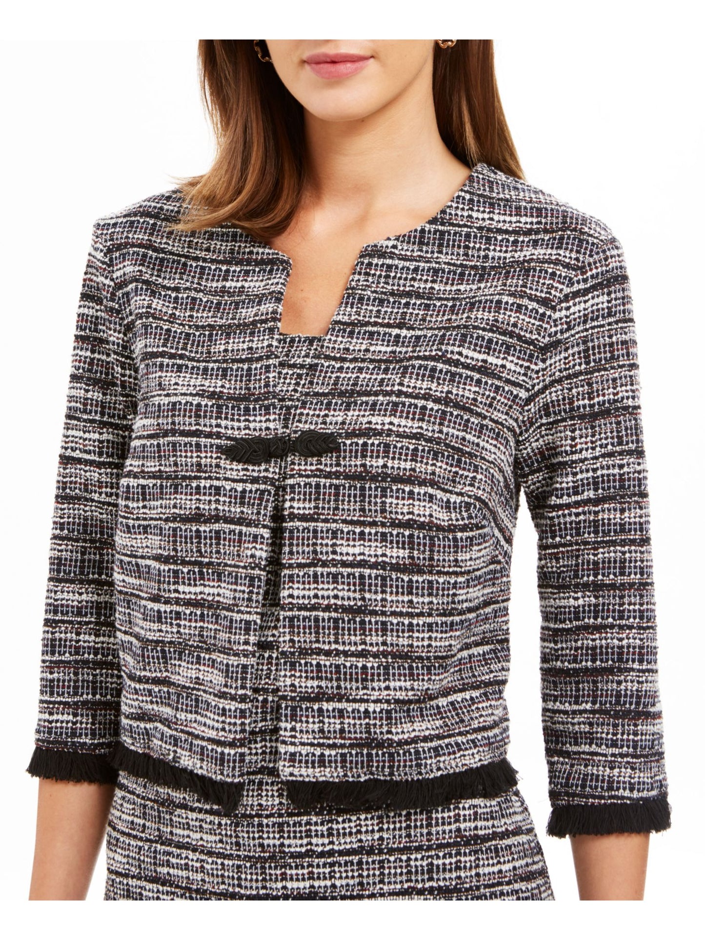 Vestido de tweed feminino conectado e jaqueta com franjas, branco/vinho, tamanho 10
