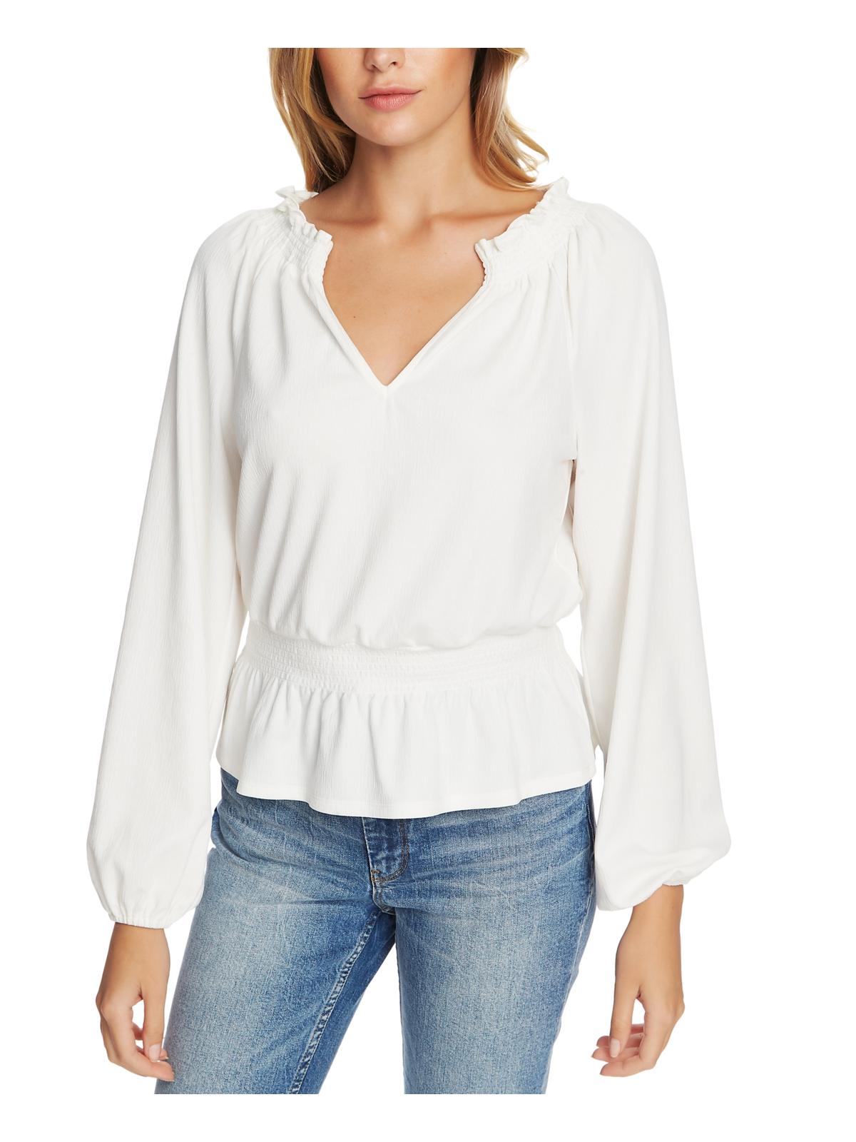 1.STATE Blusa feminina de malha macia com acabamento smocked e babados, decote em V, branca, tamanho X-S