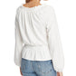 1.STATE Blusa feminina de malha macia com acabamento smocked e babados, decote em V, branca, tamanho X-S
