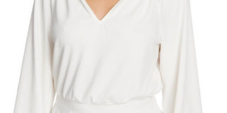 1.STATE Women's Knit Soft Smocked Trim Ruffle V Neck Top White Size X-Small