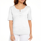 Karen Scott Blusa feminina de algodão com cadarço e manga cotovelo, branca, tamanho médio