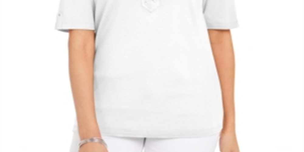 Karen Scott Blusa feminina de algodão com cadarço e manga cotovelo, branca, tamanho médio