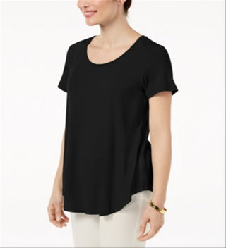Camiseta feminina JM Collection com decote redondo e cor lisa, preta, tamanho P
