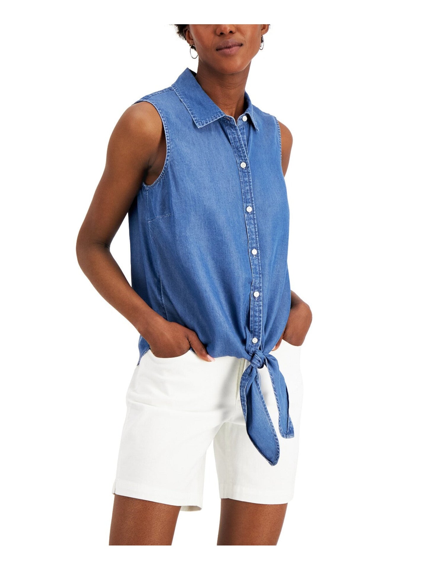 Blusa feminina Charter Club sem mangas com bainha amarrada e gola pontuda, azul, tamanho 6