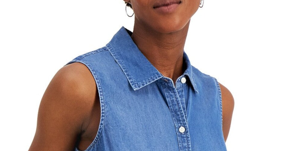 Blusa feminina Charter Club sem mangas com bainha amarrada e gola pontuda, azul, tamanho 6