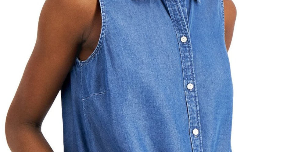 Blusa feminina Charter Club sem mangas com bainha amarrada e gola pontuda, azul, tamanho 6