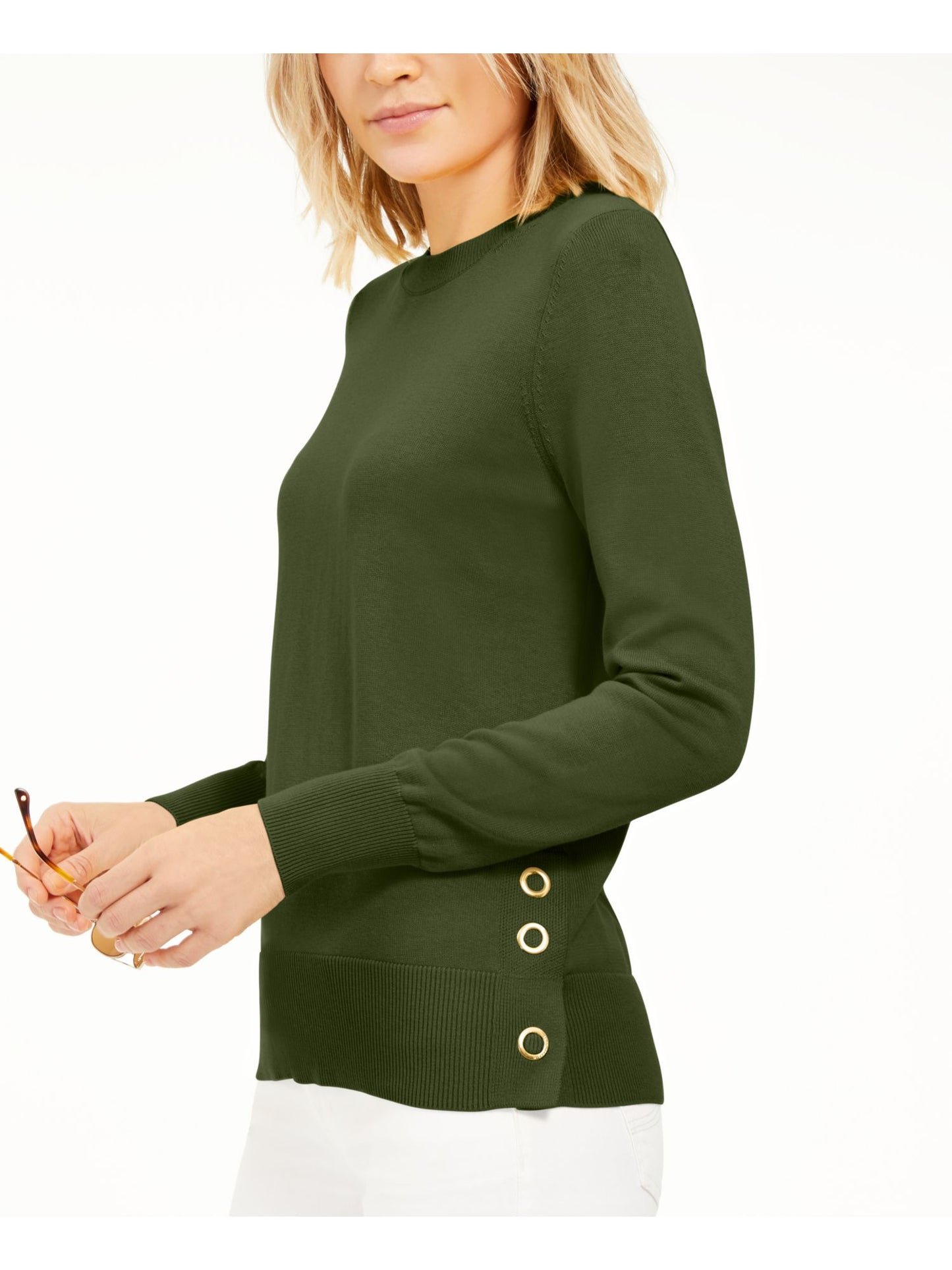 Blusa feminina Michael Kors de manga comprida e gola redonda, verde, tamanho médio