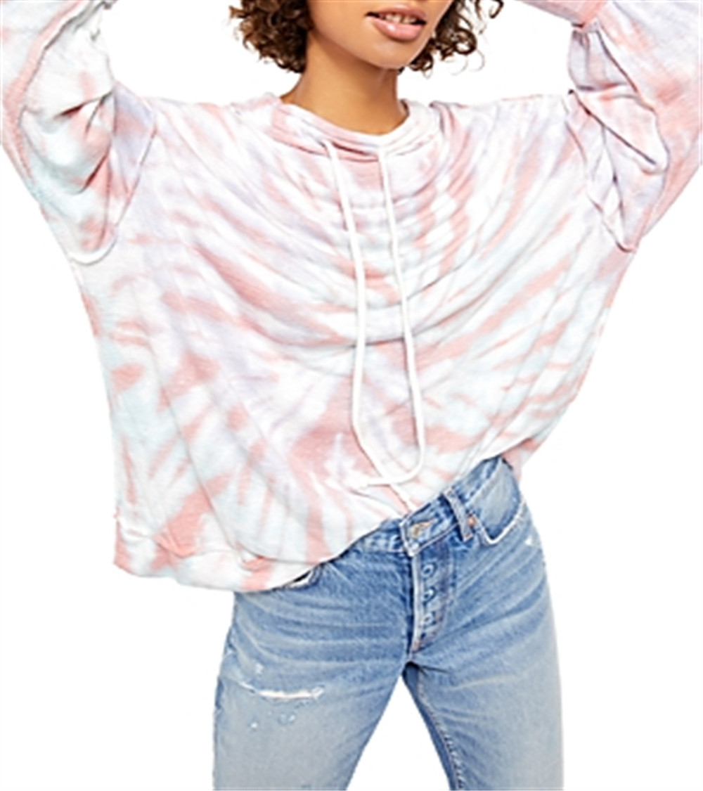 Suéter feminino com gola redonda e manga comprida tie-dye da Free People, tamanho grande, branco