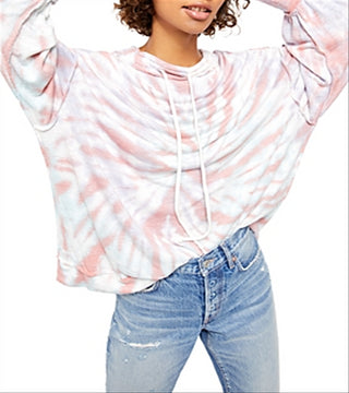 Suéter feminino com gola redonda e manga comprida tie-dye da Free People, tamanho grande, branco