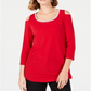 JM Collection Top feminino com ombros descobertos e detalhes em vermelho, tamanho pequeno P