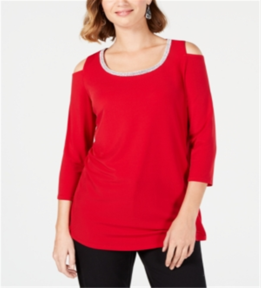 JM Collection Top feminino com ombros descobertos e detalhes em vermelho, tamanho pequeno P
