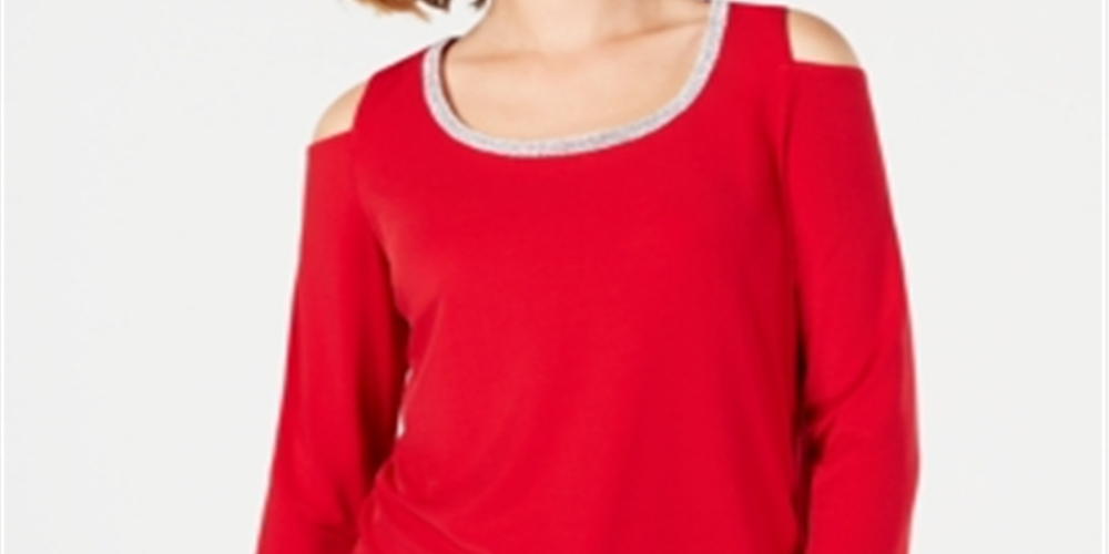 JM Collection Top feminino com ombros descobertos e detalhes em vermelho, tamanho pequeno P