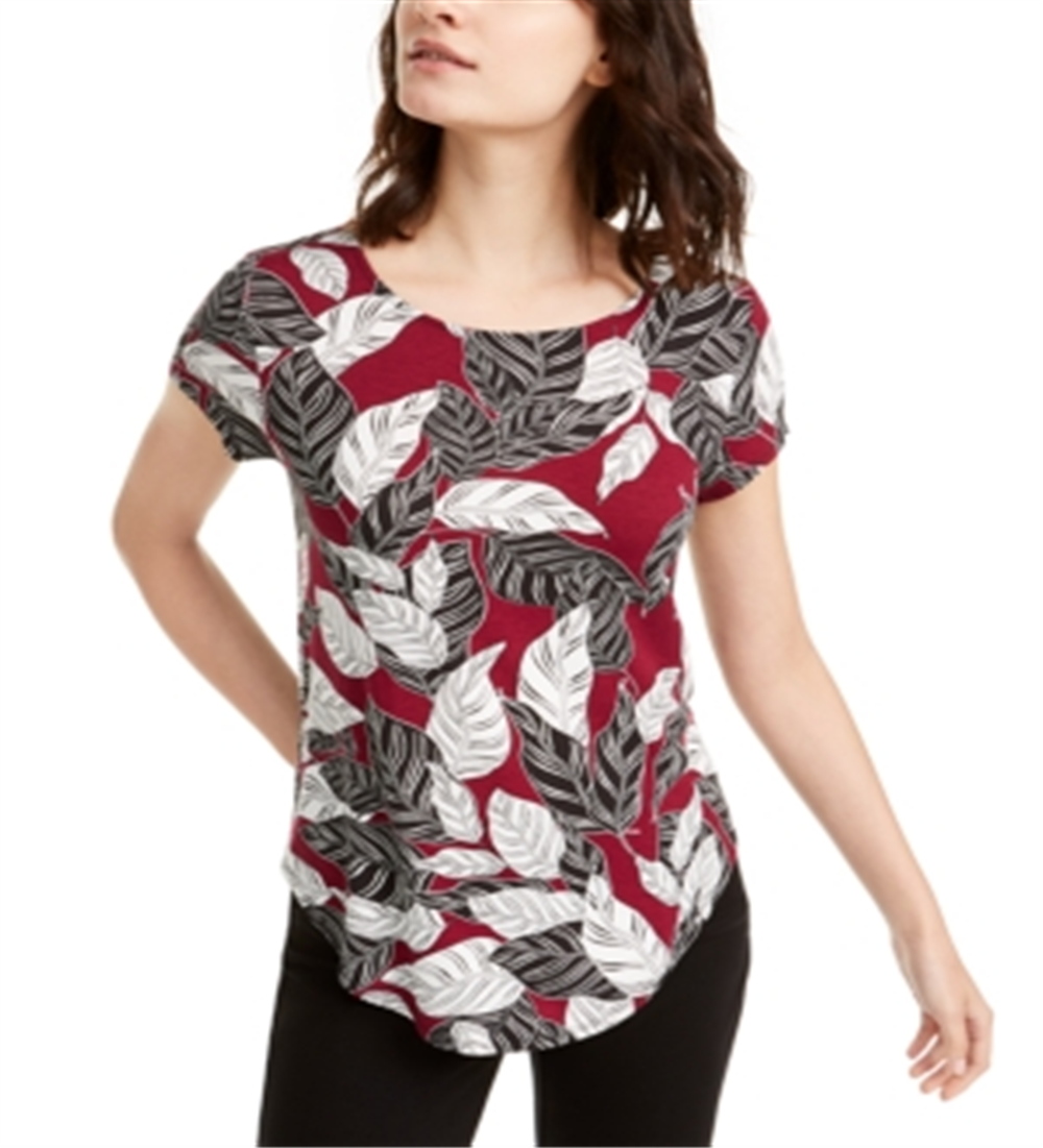 Camiseta Feminina Estampada Alfani Vinho - Folha Branca Tamanho P