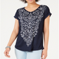 Blusa feminina com estampa gráfica e decote em V, azul, tamanho X-S