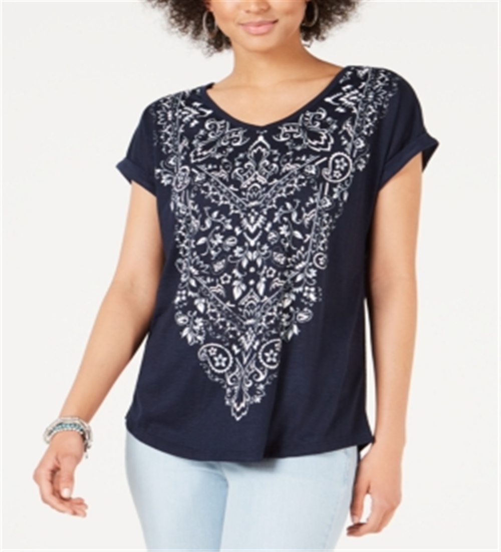Blusa feminina com estampa gráfica e decote em V, azul, tamanho X-S