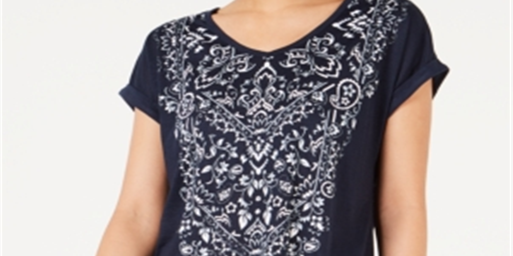 Blusa feminina com estampa gráfica e decote em V, azul, tamanho X-S