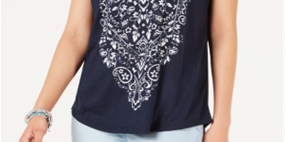 Blusa feminina com estampa gráfica e decote em V, azul, tamanho X-S
